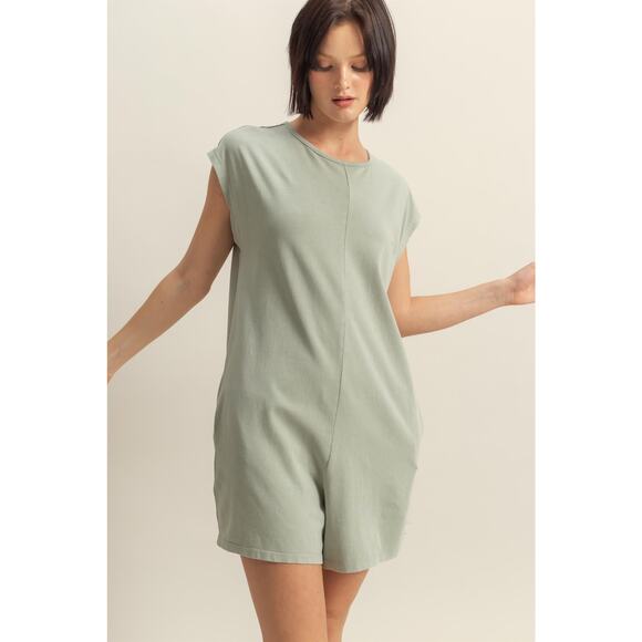HYFVE Round Neck Cap Sleeves Side Pockets Relaxed Fit Breezy Romper | Sage Green - Picture 3 of 6